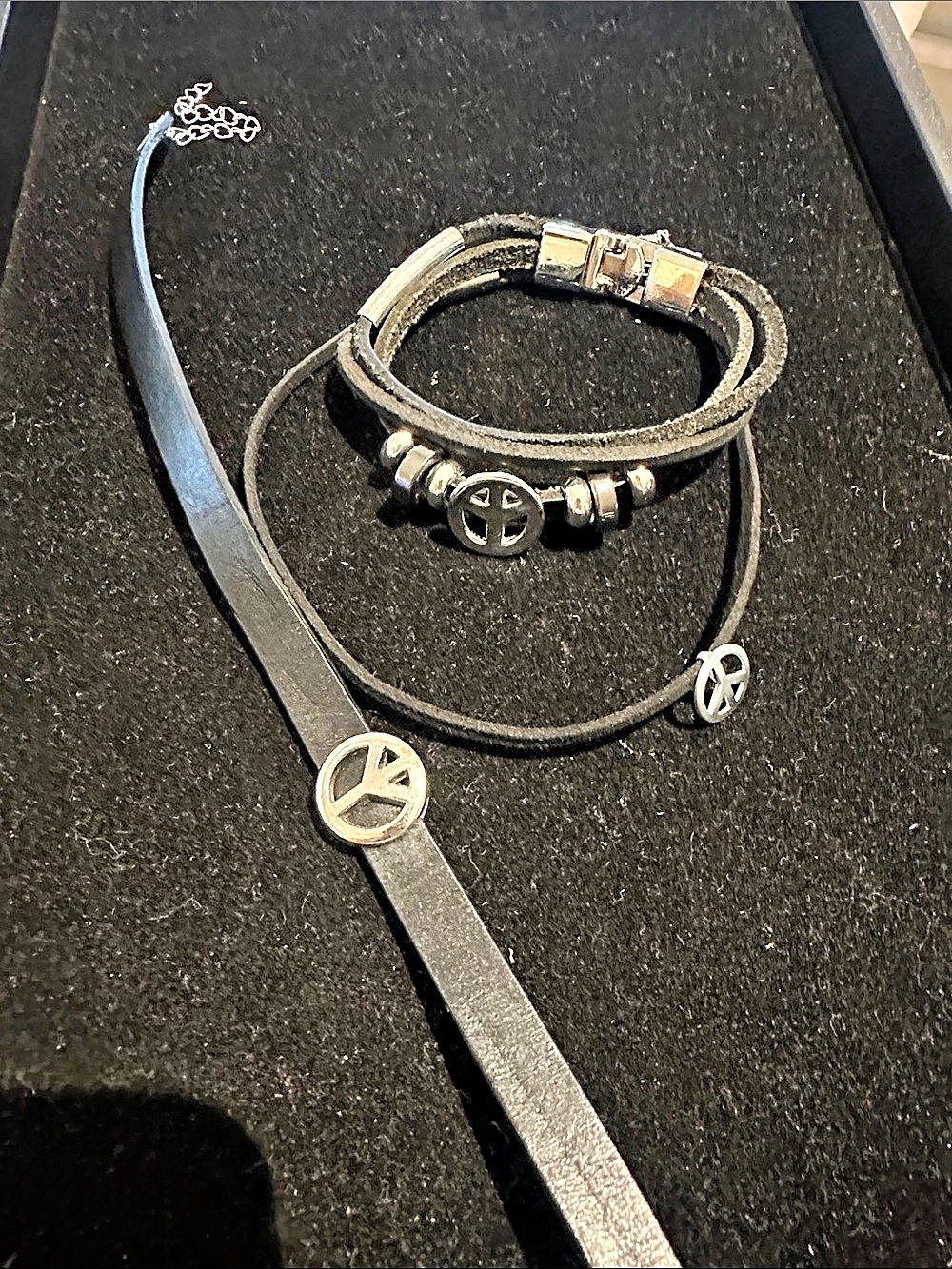 Black & Silver Peace Charm bracelet and chokers/necklaces